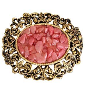 Gold Tone Pink Stone Chip Filigree Cameo Style Pin Brooch K493